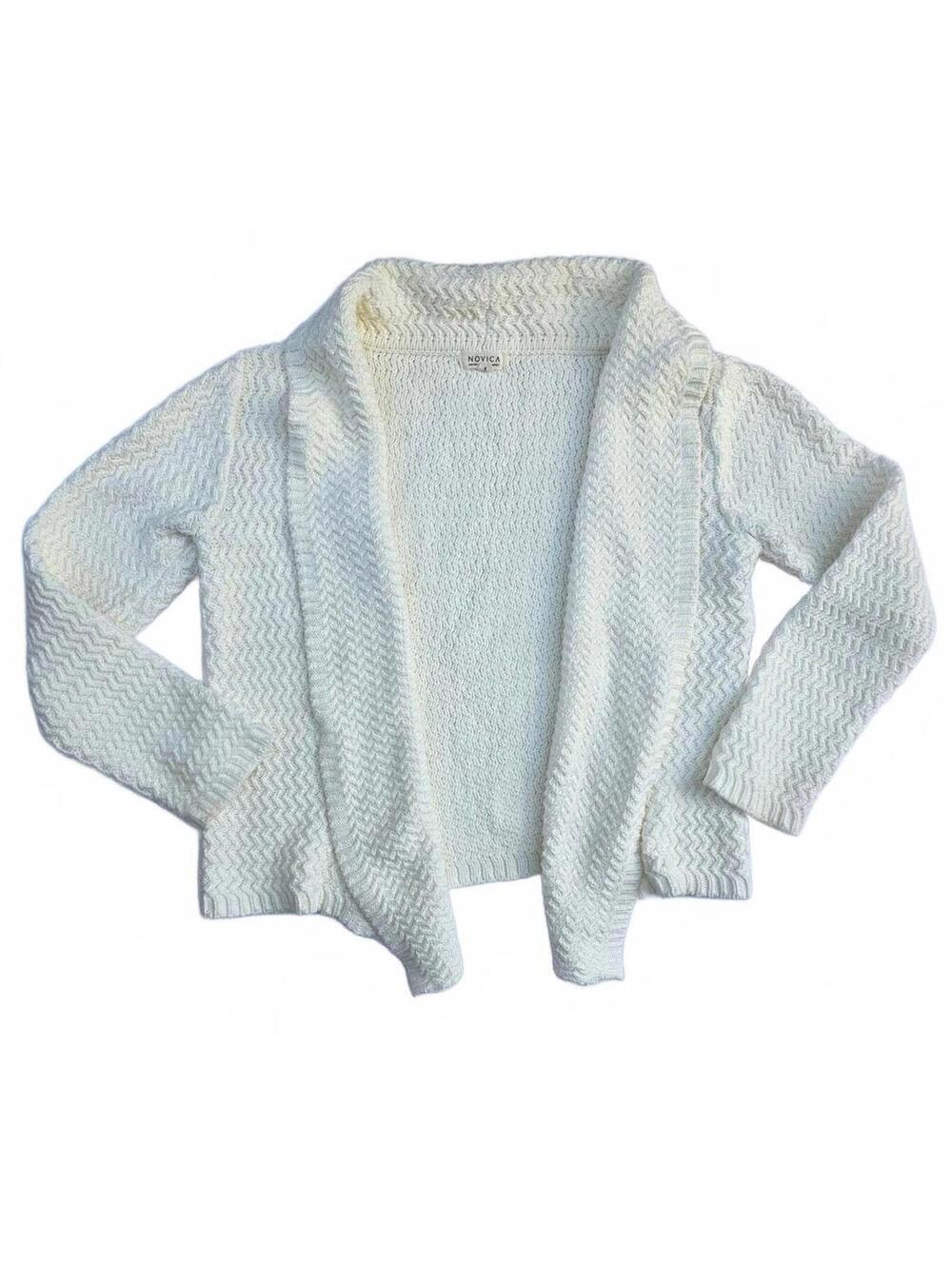 NOVICA Cream Chevron Knit Open Front Shawl Collar Cardigan Sweater Small